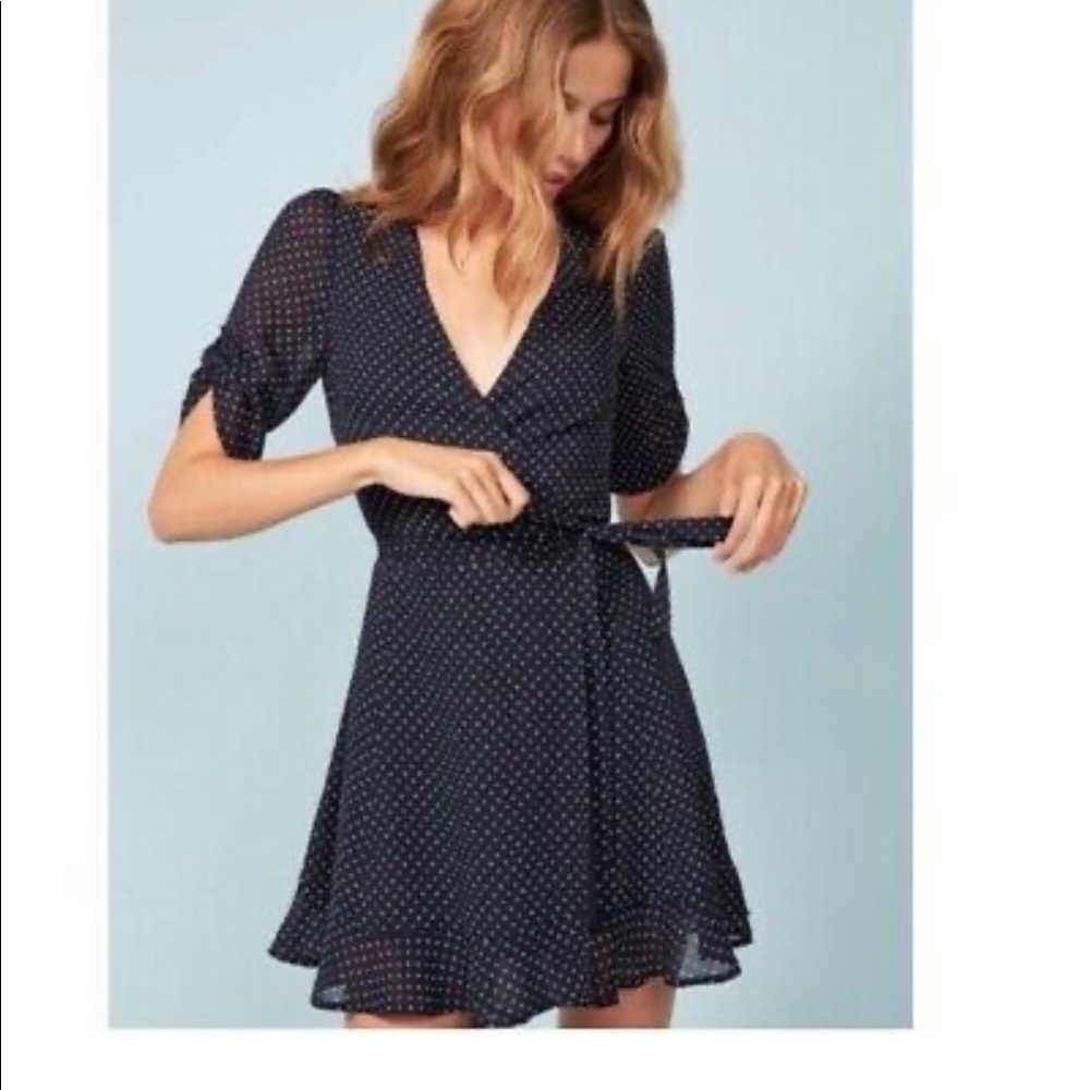 Reformation Monica Navy Polka Dot Wrap Mini Dress